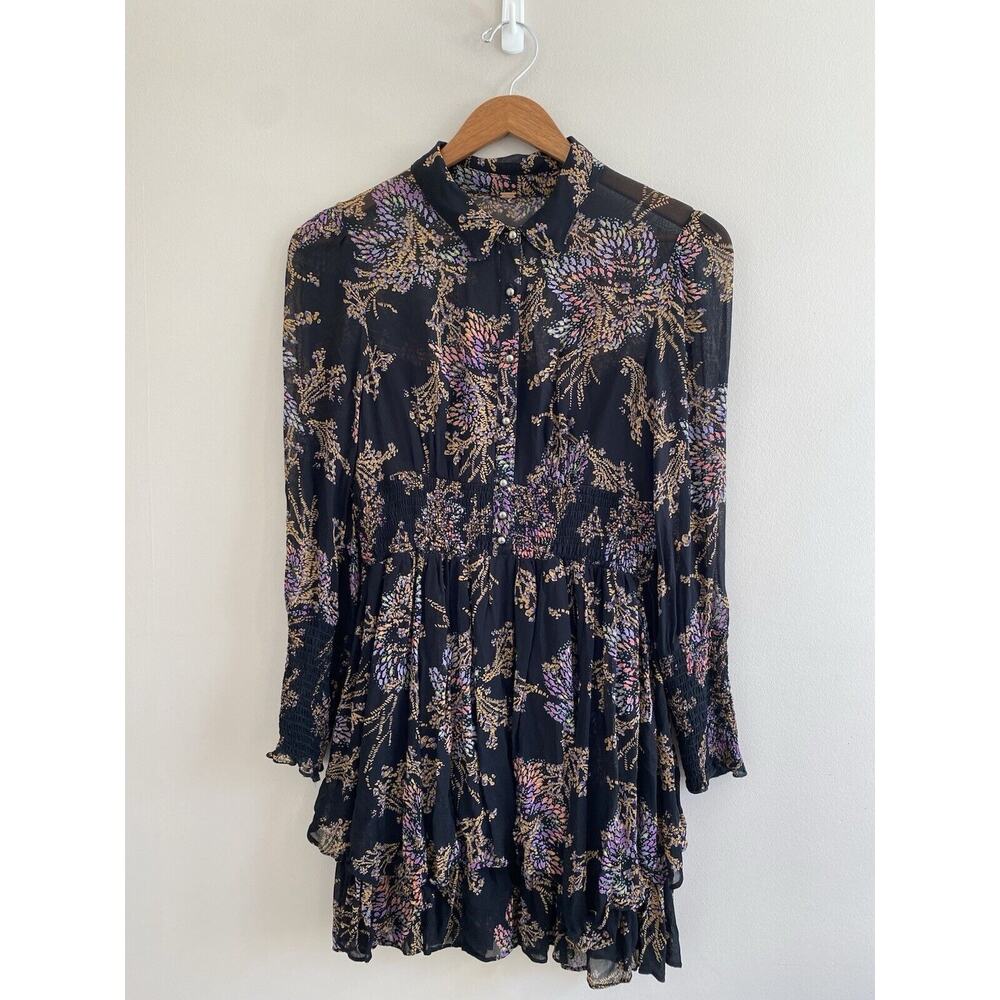 Free People Mini Dress Sz XS Black Floral Sheer Smocked